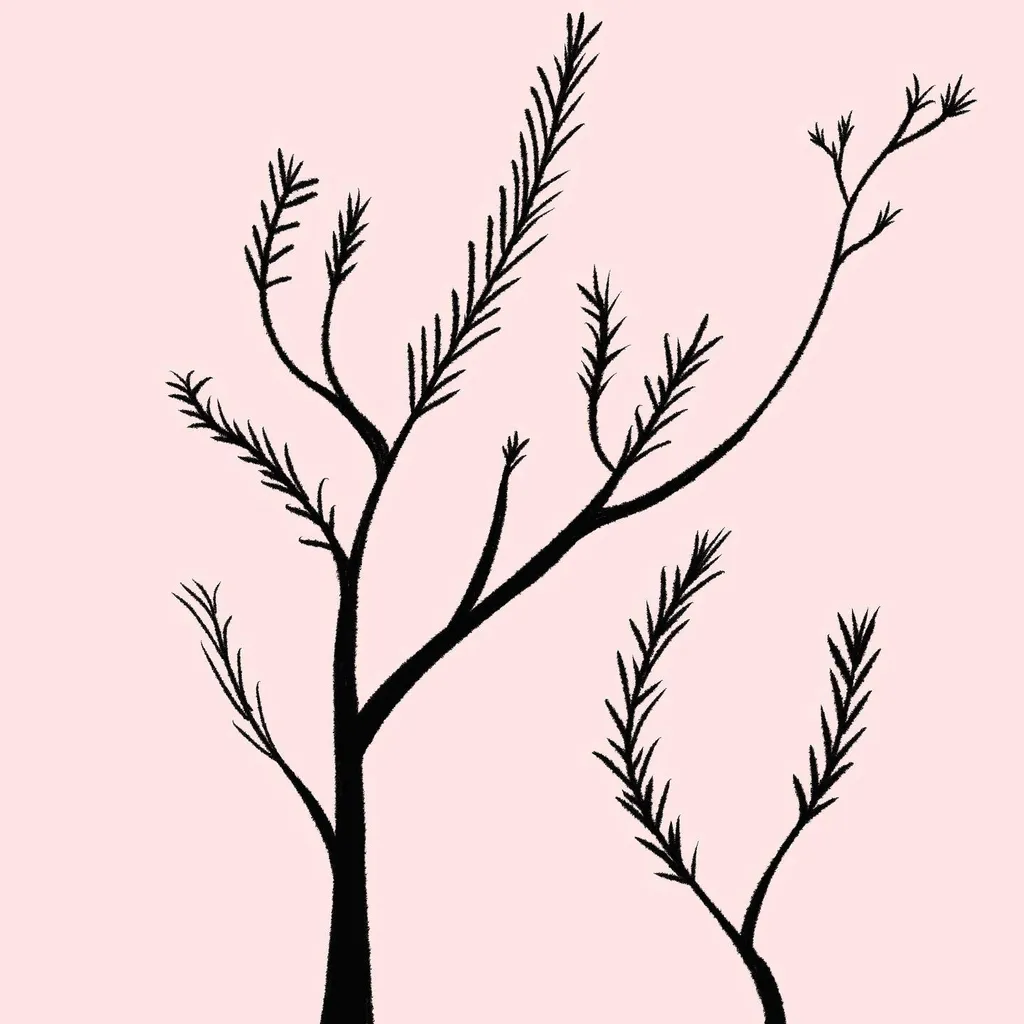 A black line drawing depicts multiple stylized, branching saplings of varying heights and angles against a solid pale pink background.