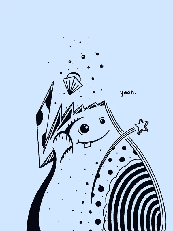 A stylized creature in black ink on a light blue background, featuring a striped body, a jagged head with geometric markings, and scattered dots and shapes. The text yeah. appears twice.