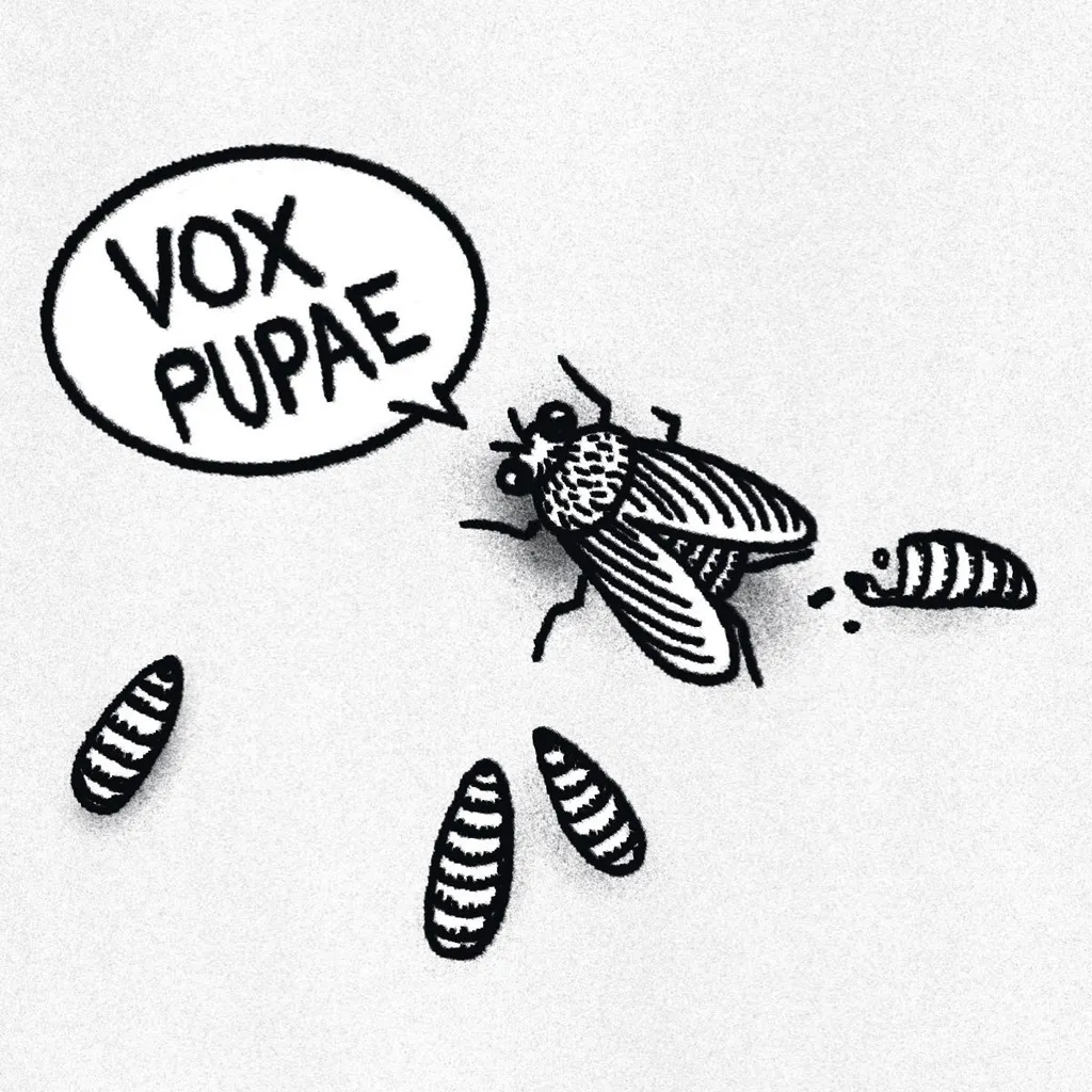 A black line drawing features a cartoon fly and several striped, oval pupae, with a speech bubble containing the text VOX PUPAE.