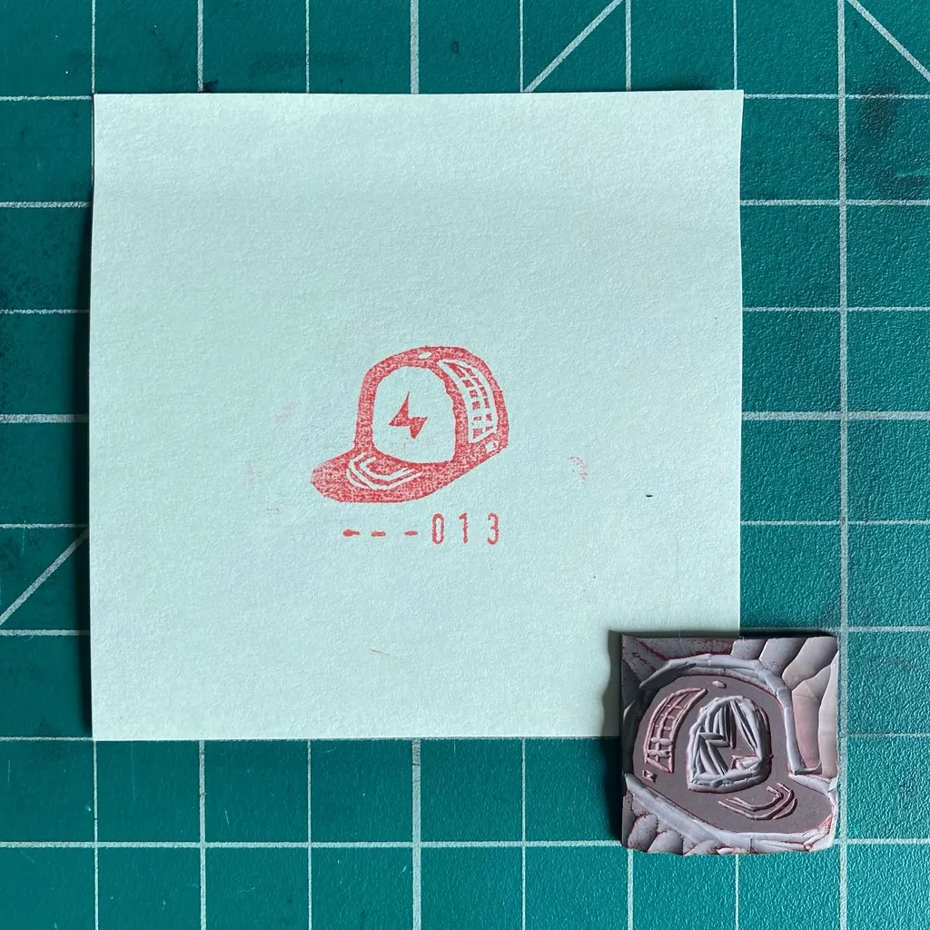 A light square card on a teal grid background displays a red stamped baseball cap and the numbers --013, next to a small, textured, pink and gray rectangular object with an embossed design.