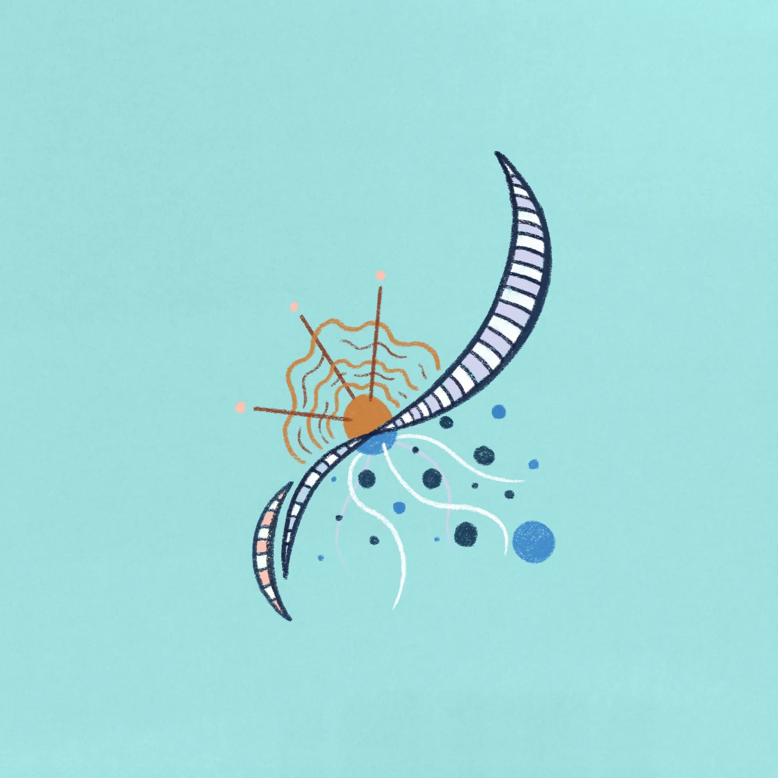 Abstract composition on a light teal background featuring a striped crescent shape curving right, paired with wavy orange lines, and scattered white and blue dots and curves.