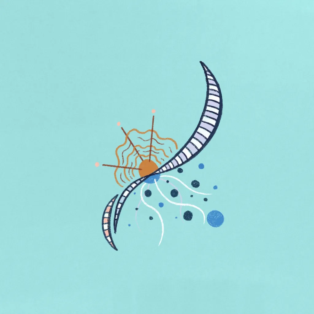 Abstract composition on a light teal background featuring a striped crescent shape curving right, paired with wavy orange lines, and scattered white and blue dots and curves.