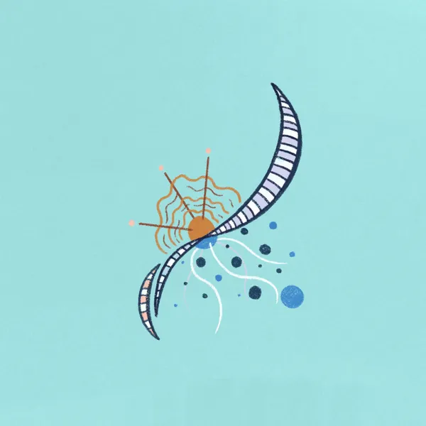 Abstract composition on a light teal background featuring a striped crescent shape curving right, paired with wavy orange lines, and scattered white and blue dots and curves.