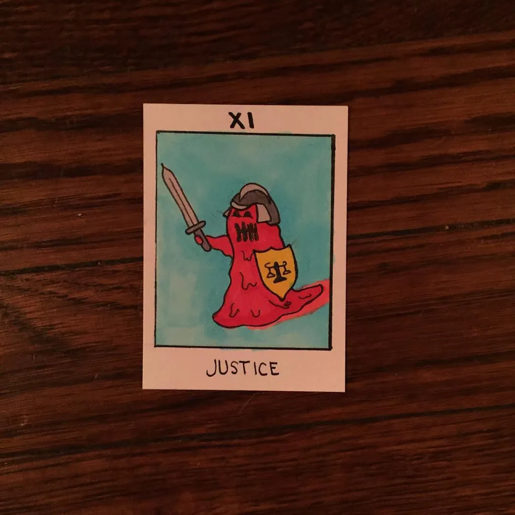The card features a stylized figure in a red robe and helmet, holding a sword and a shield with scales, set against a light blue background, with the title JUSTICE printed below.