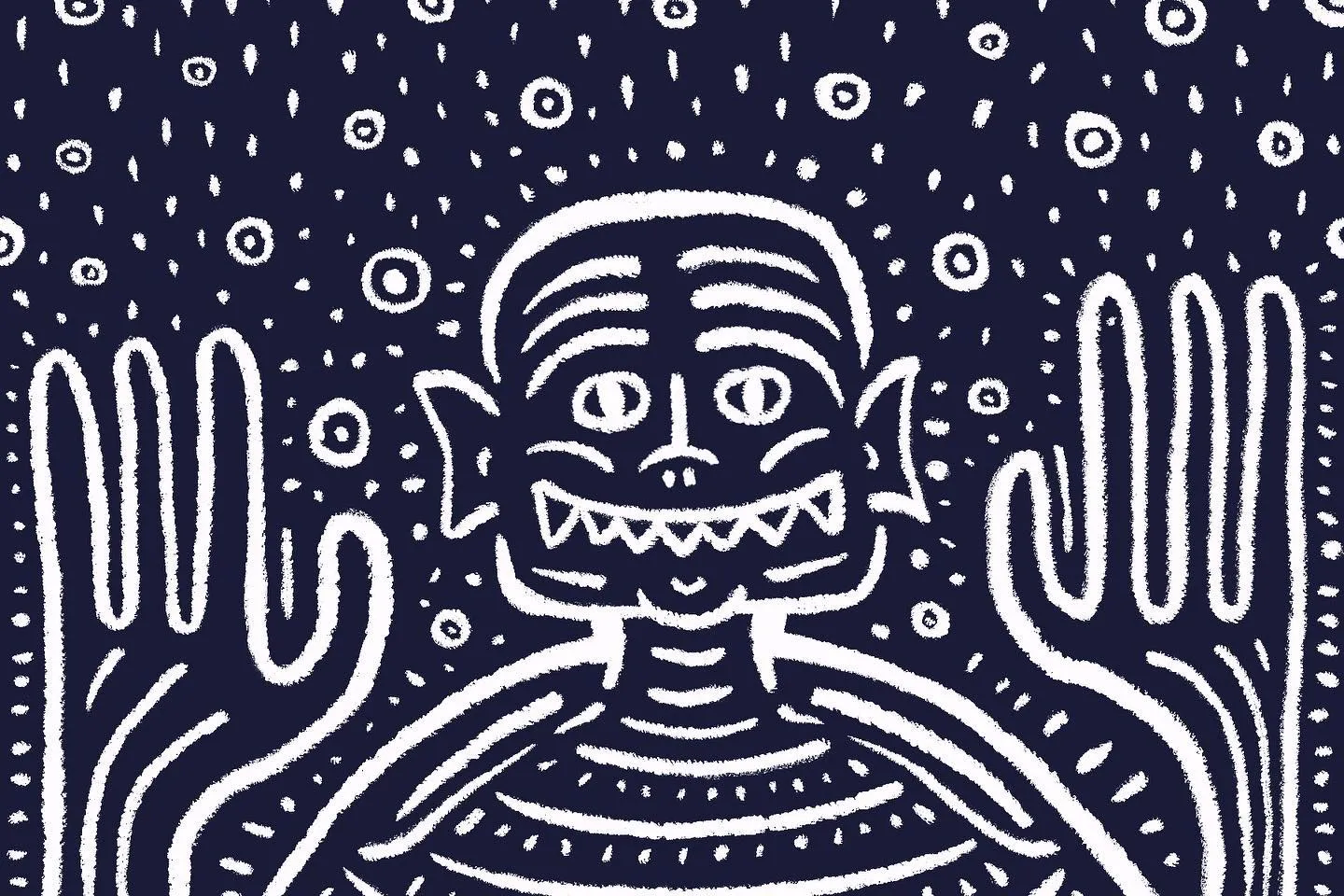 A white, mask-like figure with multiple arms and sharp teeth dominates a dark background covered in scattered white dots.