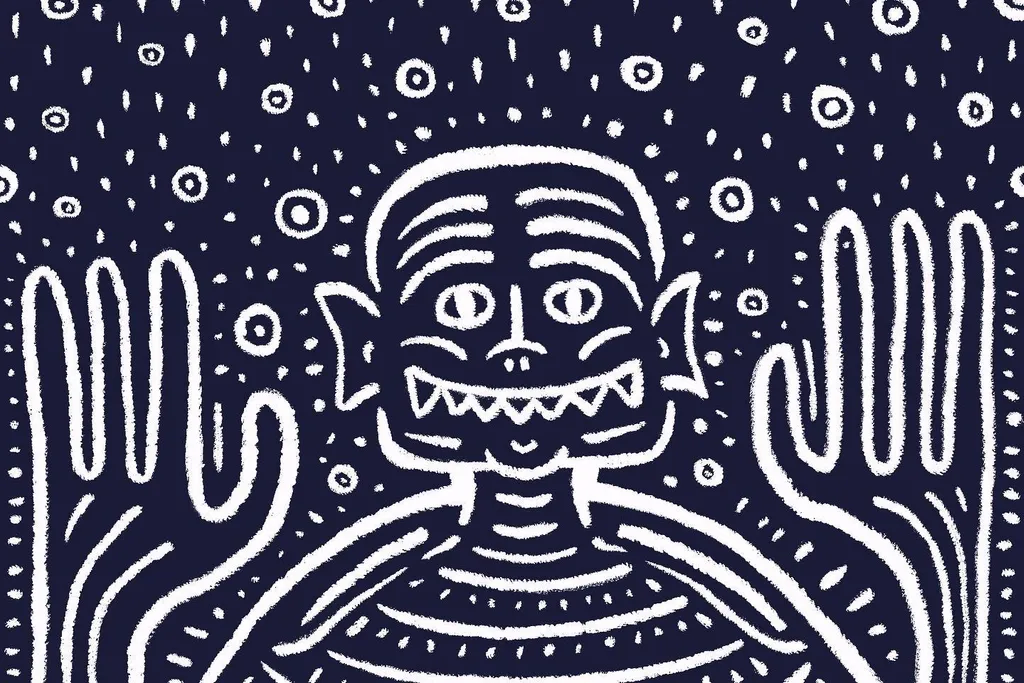 A white, mask-like figure with multiple arms and sharp teeth dominates a dark background covered in scattered white dots.