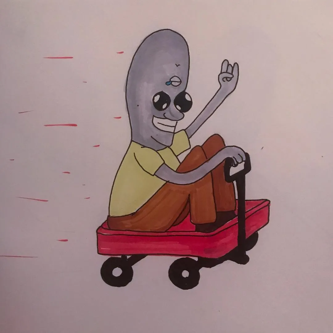A cartoon drawing shows a gray, bald figure wearing a yellow shirt and brown pants, seated in a red wheelchair, waving one hand and resting the other on the armrest.