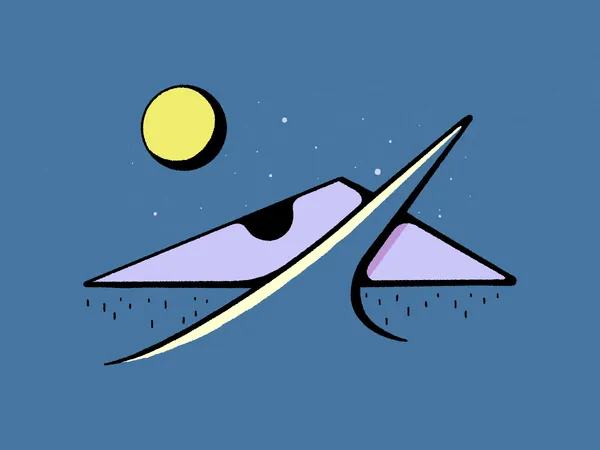 A stylized cosmic scene on a slate blue background features two purple, eye-like shapes separated by a diagonal yellow line, with a solid yellow circle floating to the left among scattered white stars.