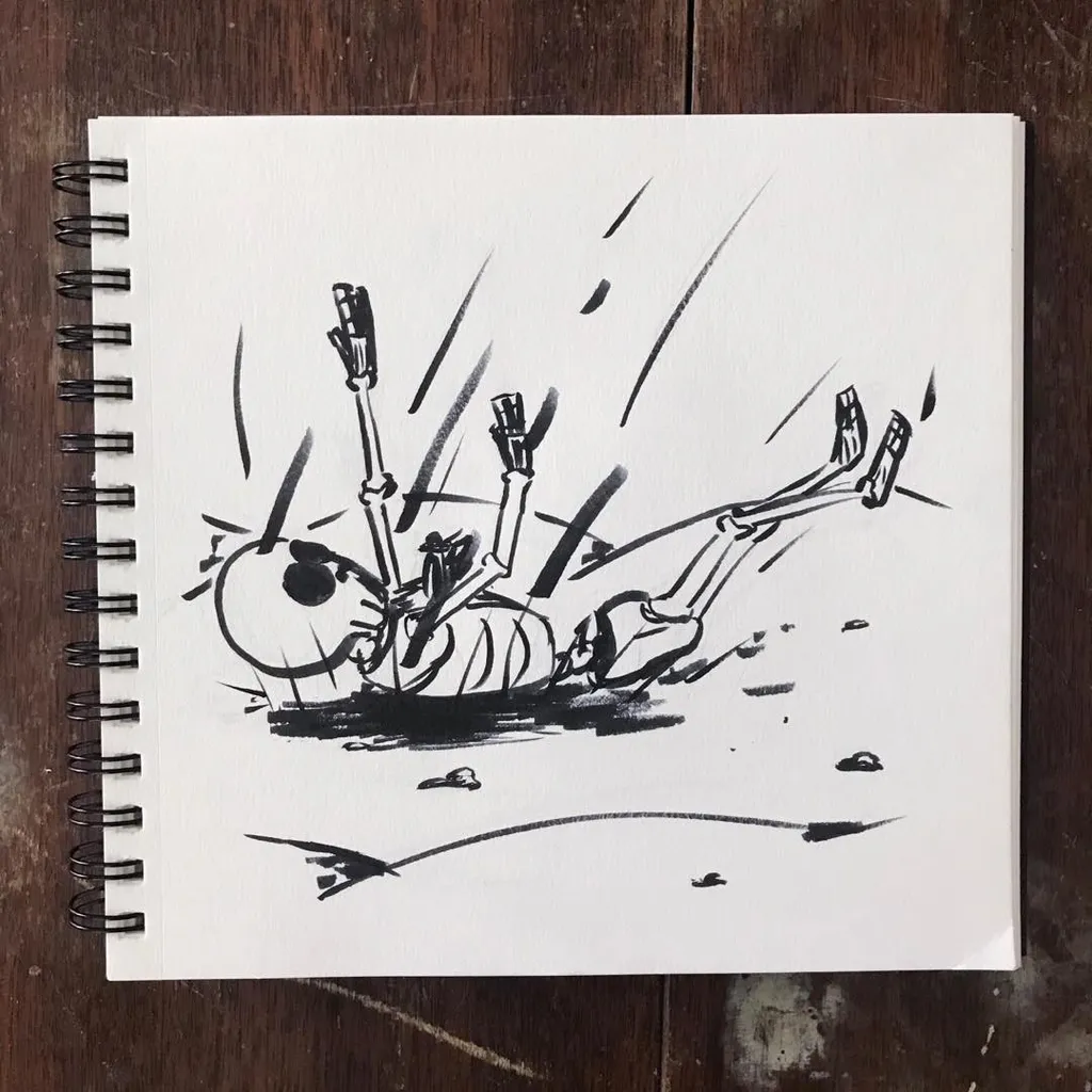 Several stylized figures are drawn lying on the ground, surrounded by numerous energetic black lines that radiate outward from the bodies.