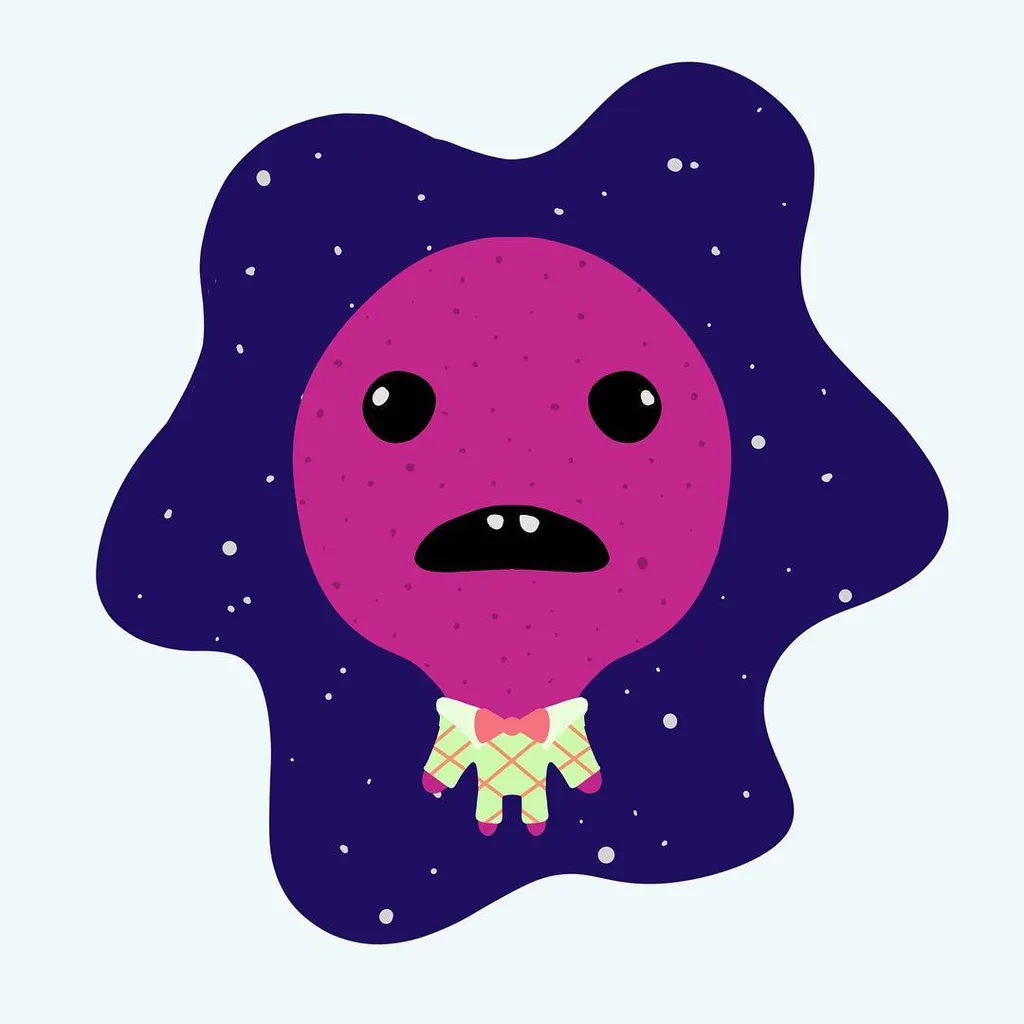 A stylized pink face with large black eyes and a striped bow tie is contained within a larger, irregular dark purple shape speckled with white dots.
