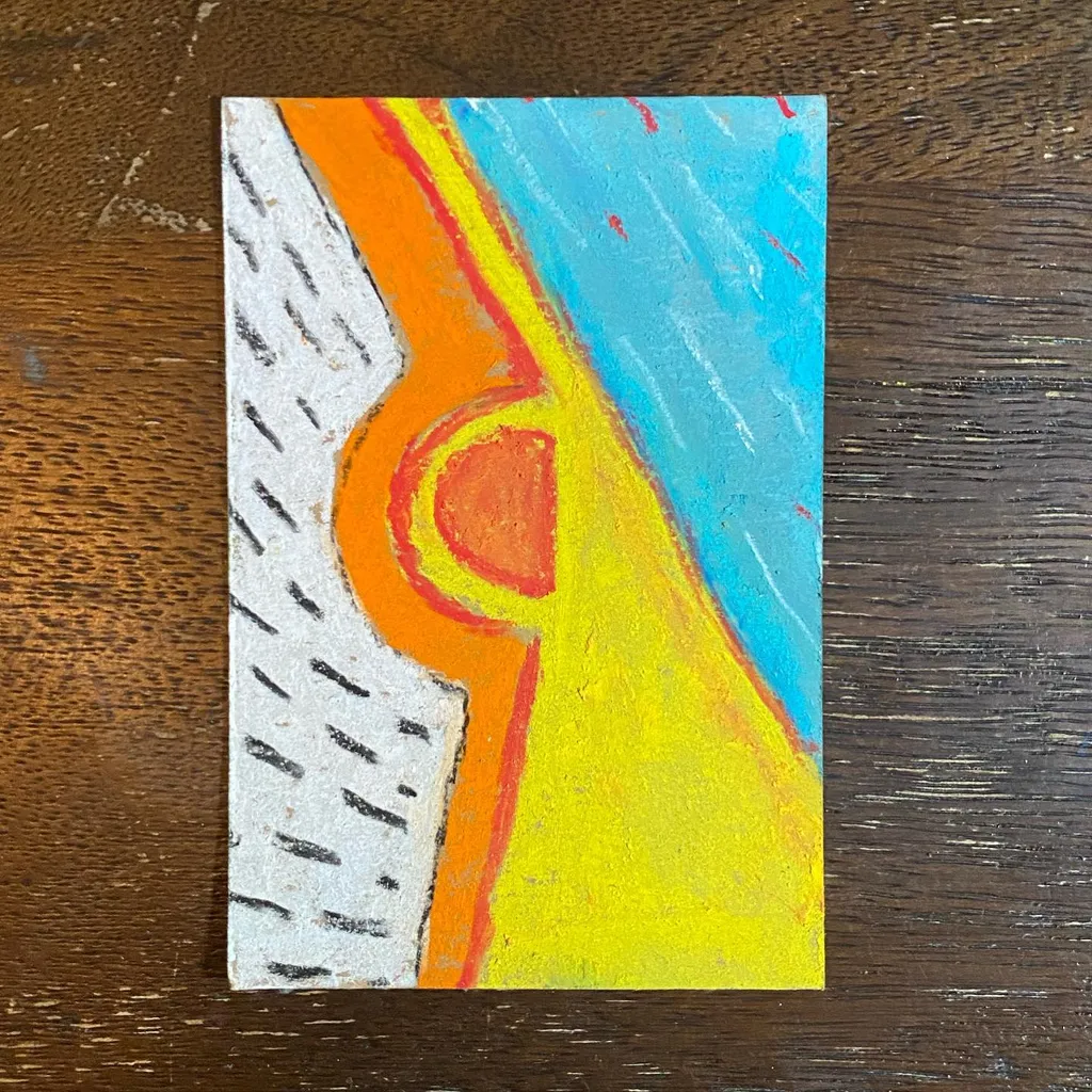 Abstract composition featuring a white section with black lines, adjacent to a bright orange and yellow area, which transitions into a blue field on the right.