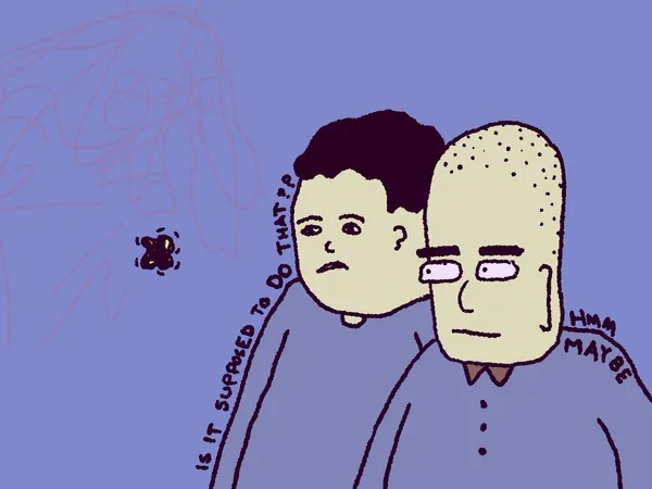 Two cartoon men in blue tones stand against a light purple background, with text reading IS IT SUPPOSED TO DO THAT?? and HMM MAYBE.
