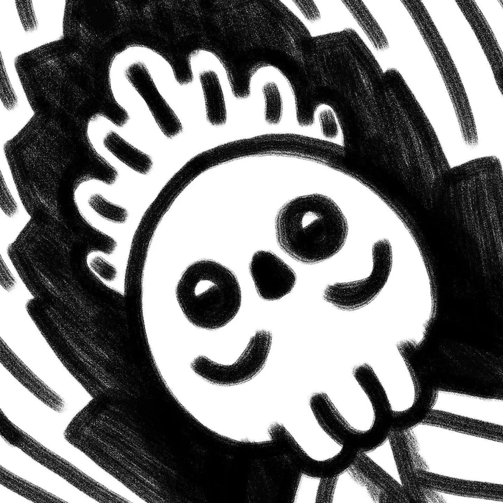 A high-contrast, black and white sketch of a smiling skull with a decorative crown, surrounded by thick, radiating black lines that create an energetic background.