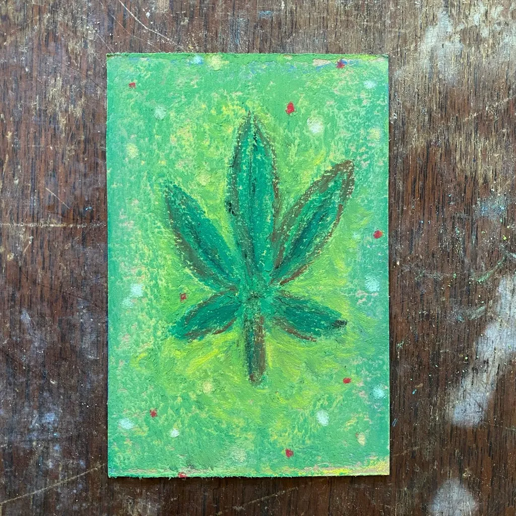 A stylized, centered cannabis leaf in deep green is painted on a vibrant, speckled lime-green background dotted with small red and white spots.