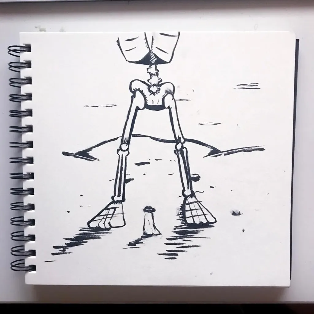 A black and white line drawing depicts a stylized figure with long, spindly legs and large, fan-like feet, standing on a surface marked with sketchy lines.