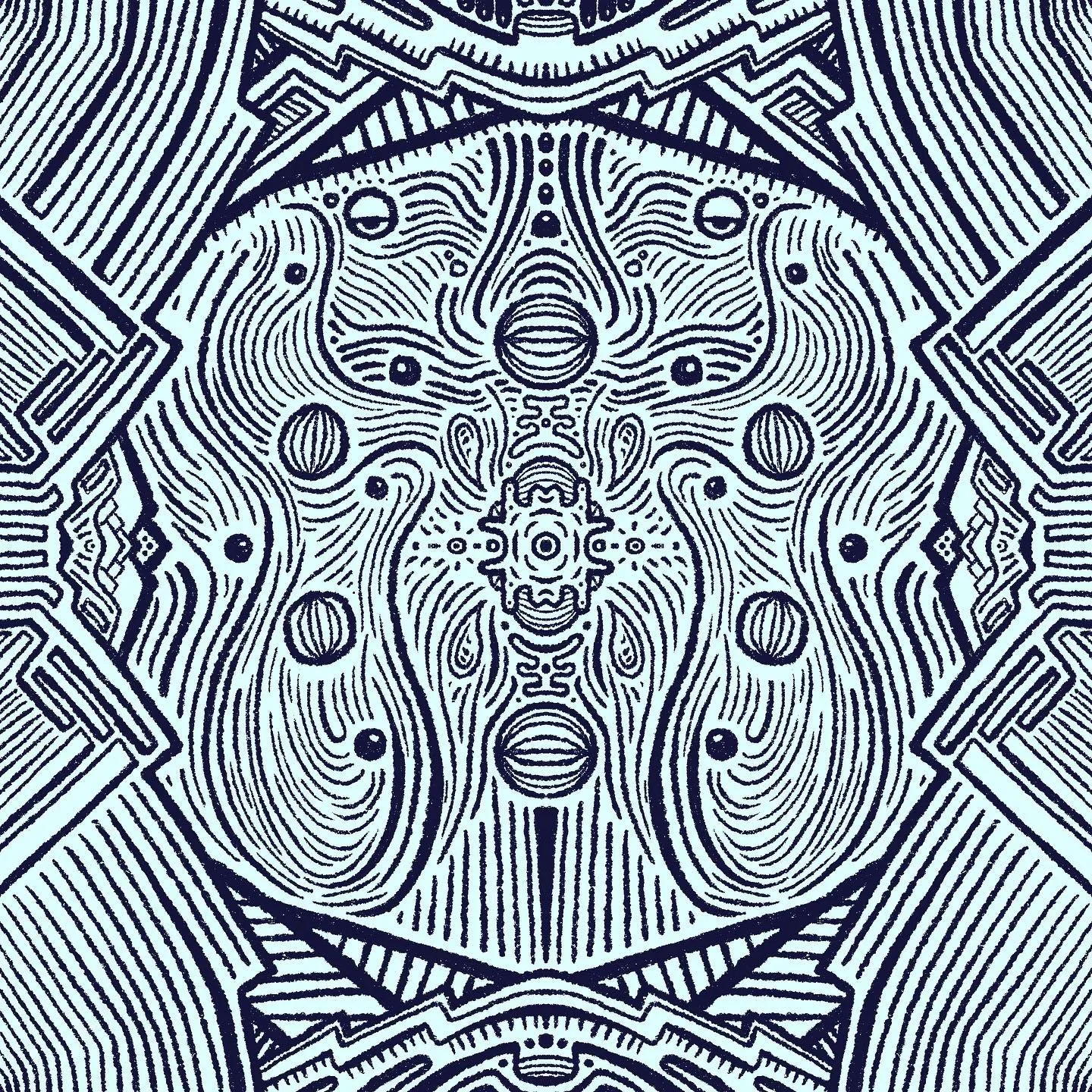 Intricate black and white pattern featuring a central circular motif of swirling organic lines, framed by sharp, symmetrical geometric patterns and radiating lines.