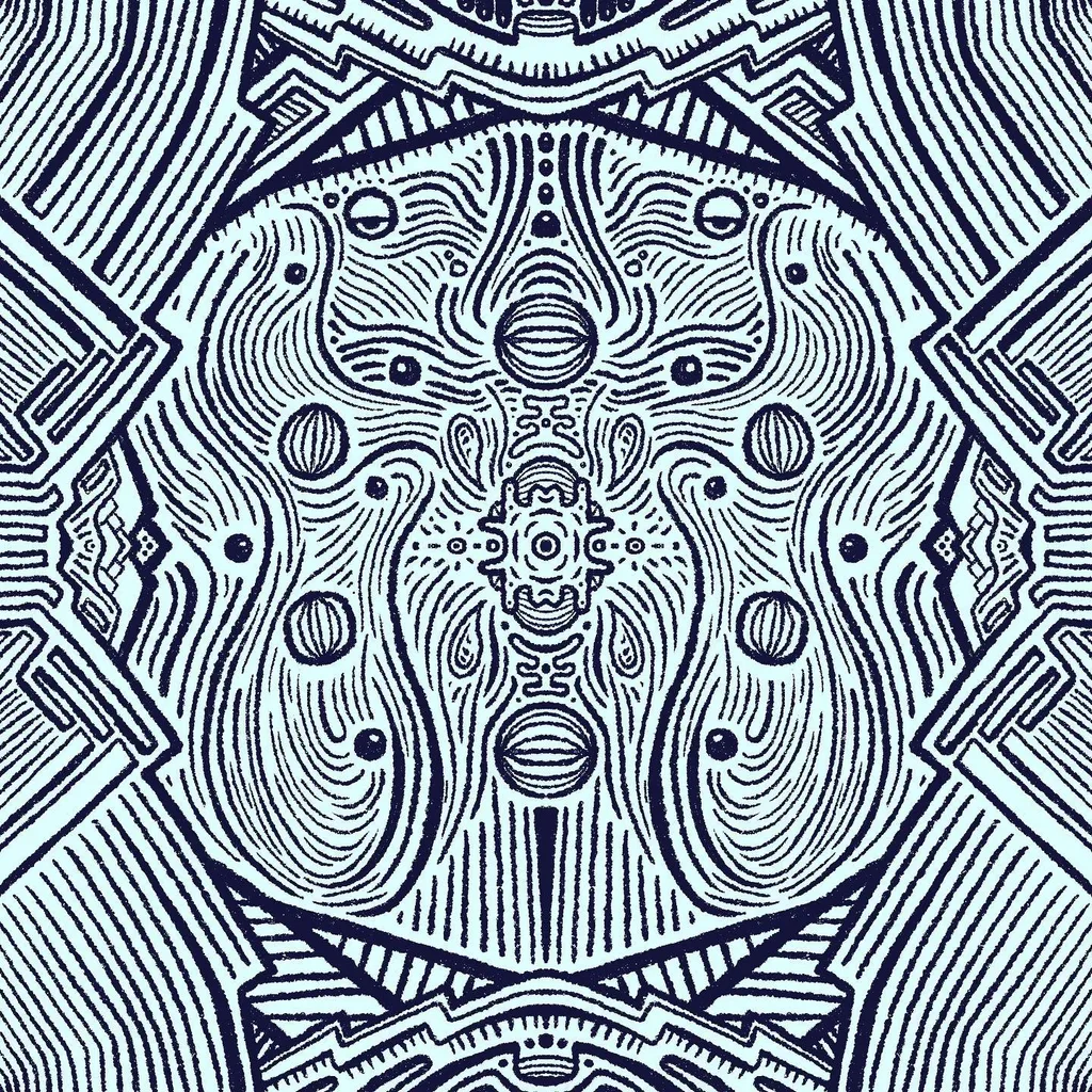 Intricate black and white pattern featuring a central circular motif of swirling organic lines, framed by sharp, symmetrical geometric patterns and radiating lines.