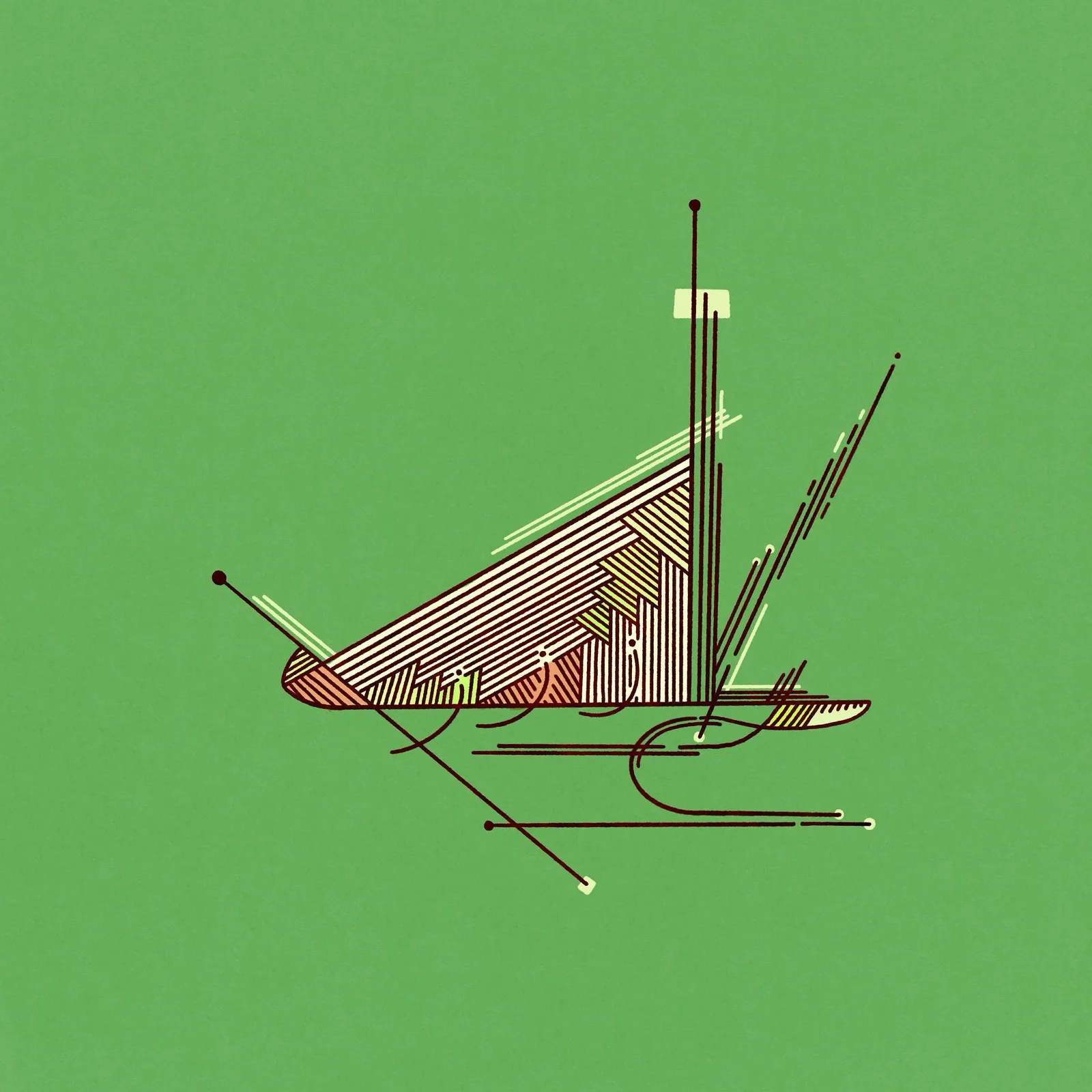 A stylized, geometric drawing of a sailboat in black, red, yellow, and white lines, featuring hatching and dots, set against a solid sage green background.