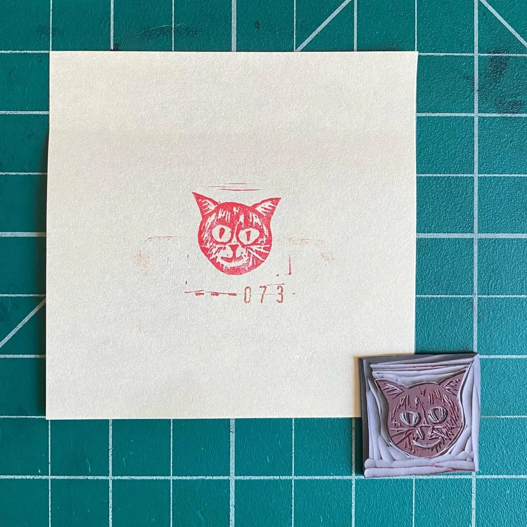 A cream sheet of paper on a teal grid displays a red cat drawing and the numbers 073, next to a small square piece featuring a detailed red cat face on a pink background.