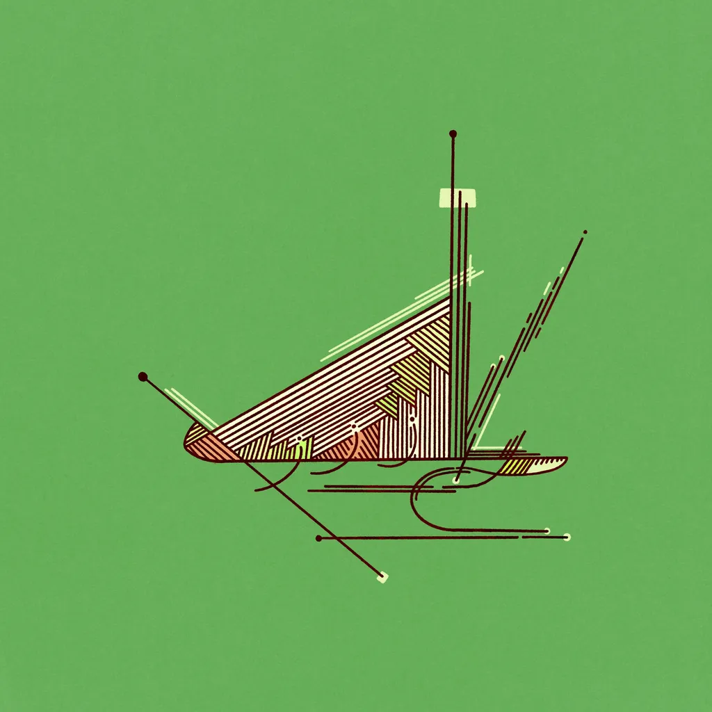 A graphic drawing of a sailboat on a muted green background, composed of striped yellow and red sails, a tall mast, and abstract black and white linear markings.