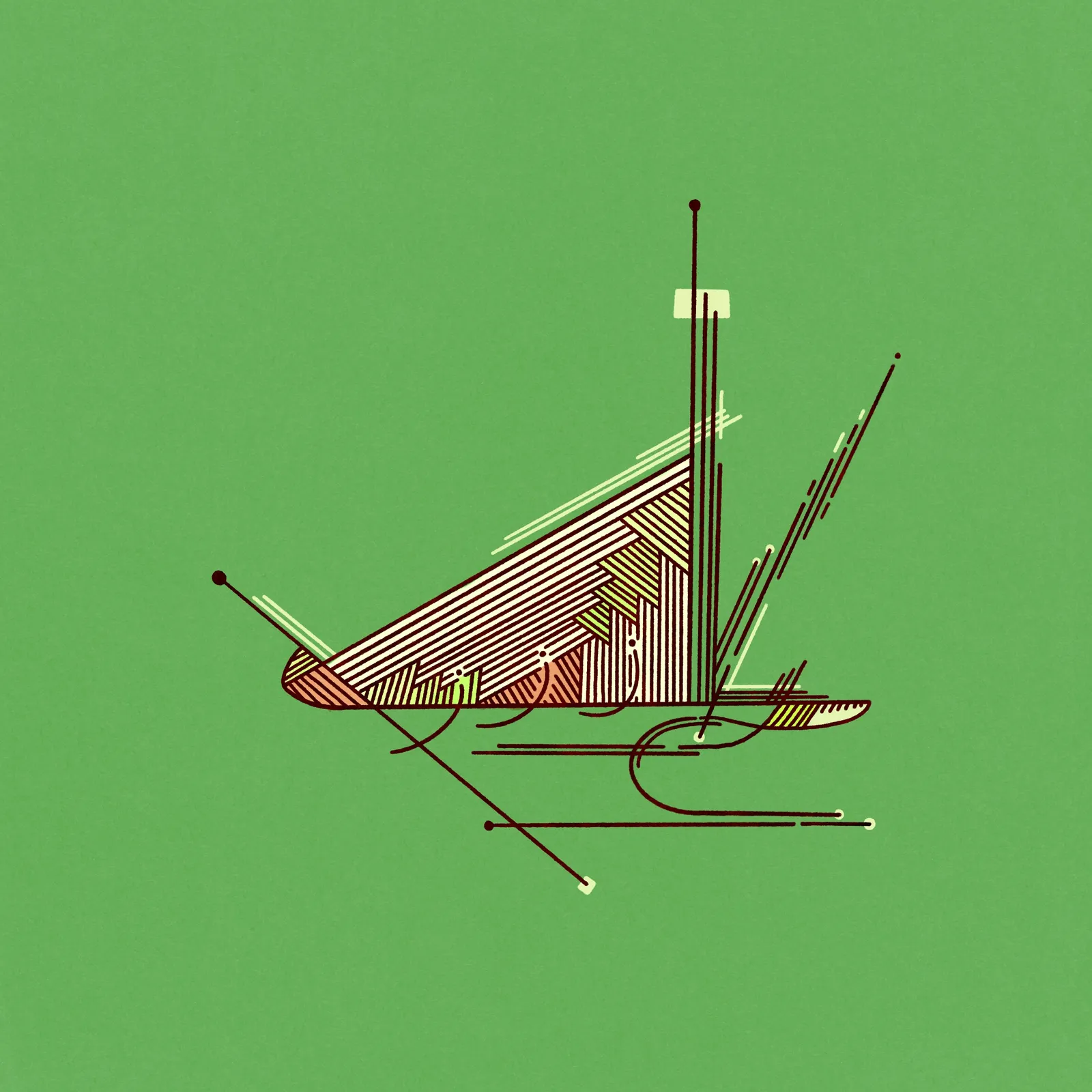 A graphic drawing of a sailboat on a muted green background, composed of striped yellow and red sails, a tall mast, and abstract black and white linear markings.