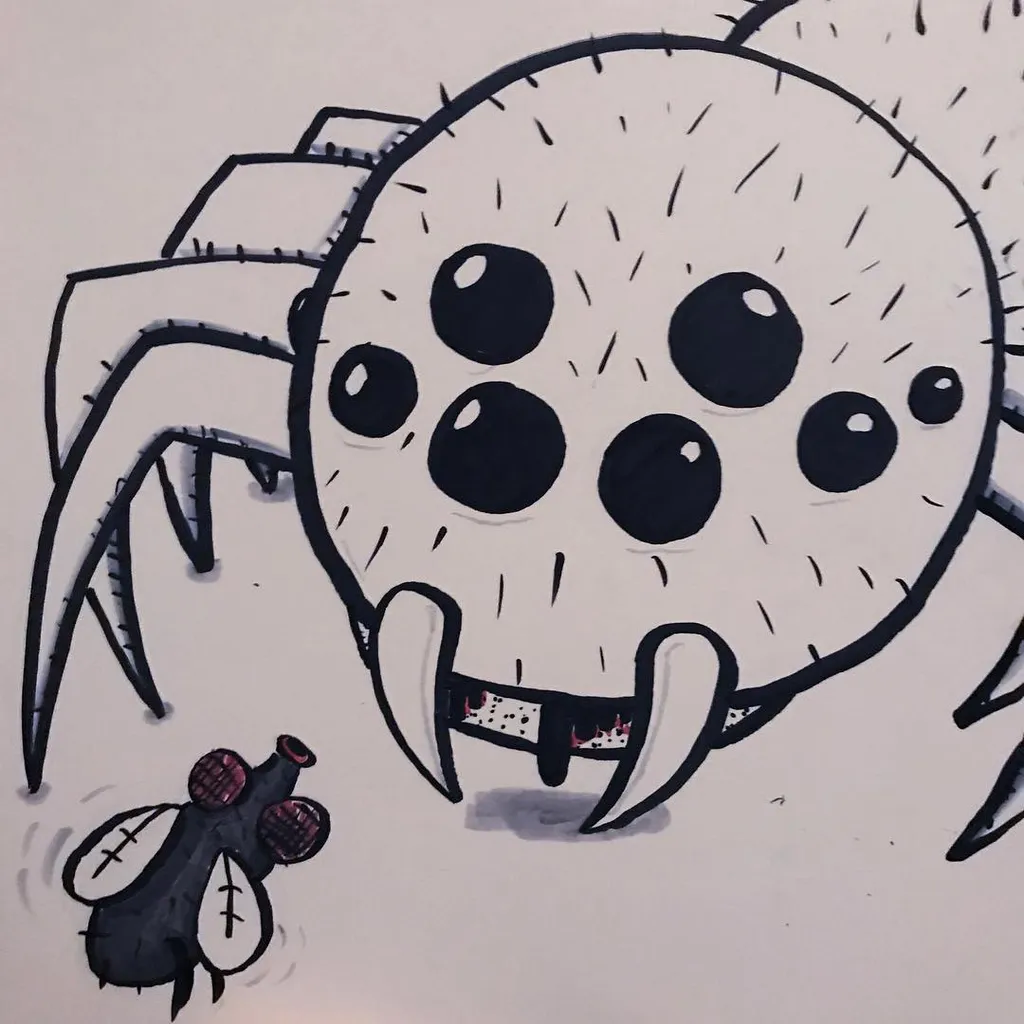 A large, white cartoon spider with black spots and sharp fangs occupies the right side, while two smaller black flying insects are drawn in the lower left corner.