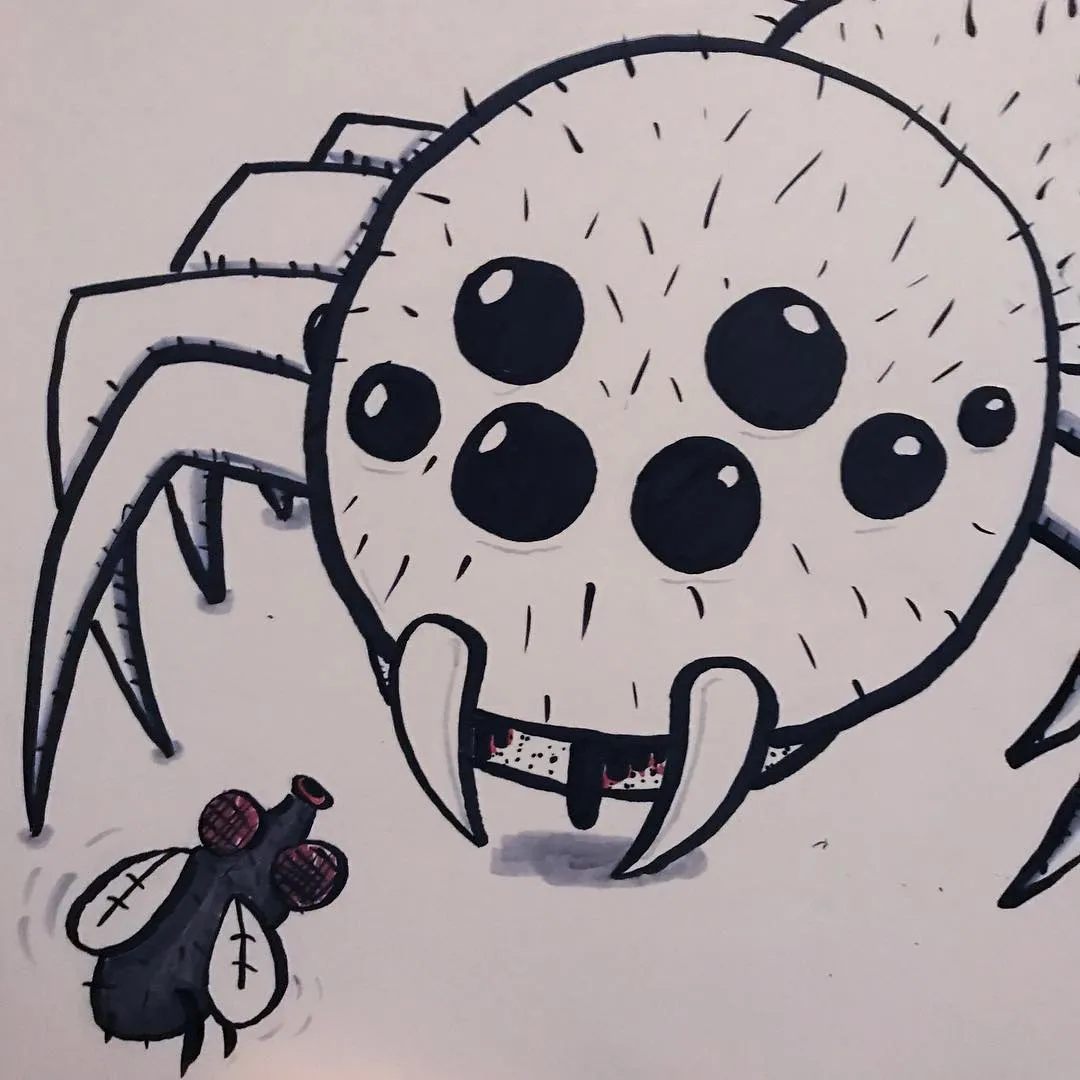 A large, white cartoon spider with black spots and sharp fangs occupies the right side, while two smaller black flying insects are drawn in the lower left corner.