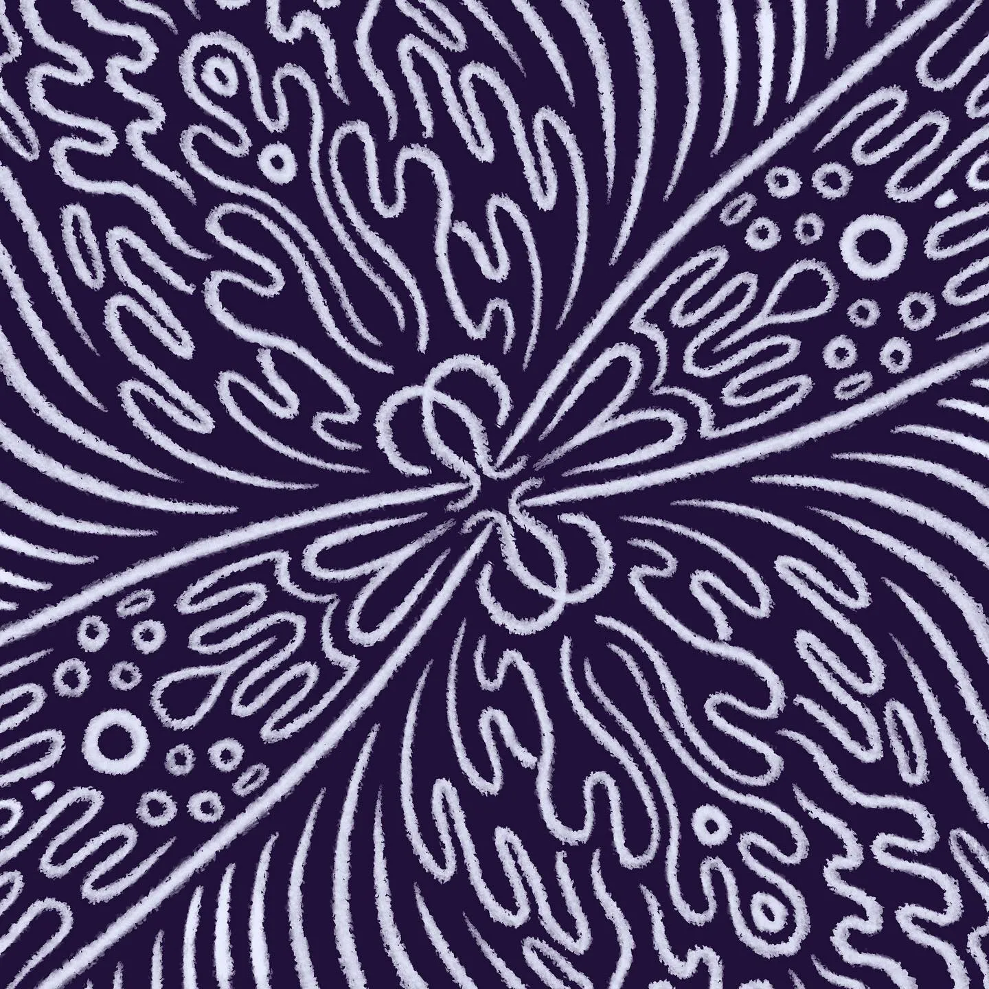 Intricate, radial abstract pattern in white and deep navy, showing thick, wavy, organic lines radiating symmetrically from a central nexus point.