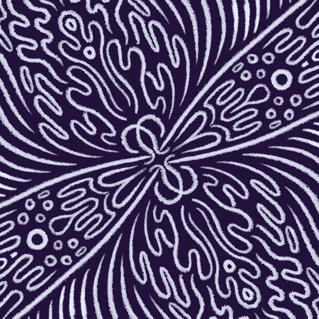 Intricate, radial abstract pattern in white and deep navy, showing thick, wavy, organic lines radiating symmetrically from a central nexus point.