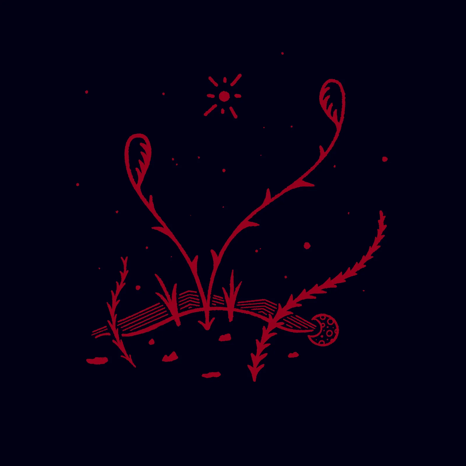 Stylized reddish-pink organic forms are centered on a black background, featuring curved plant-like elements rising from a segmented horizontal line, accented by small dots and a central starburst.