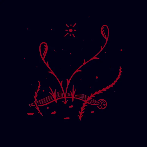 Stylized reddish-pink organic forms are centered on a black background, featuring curved plant-like elements rising from a segmented horizontal line, accented by small dots and a central starburst.