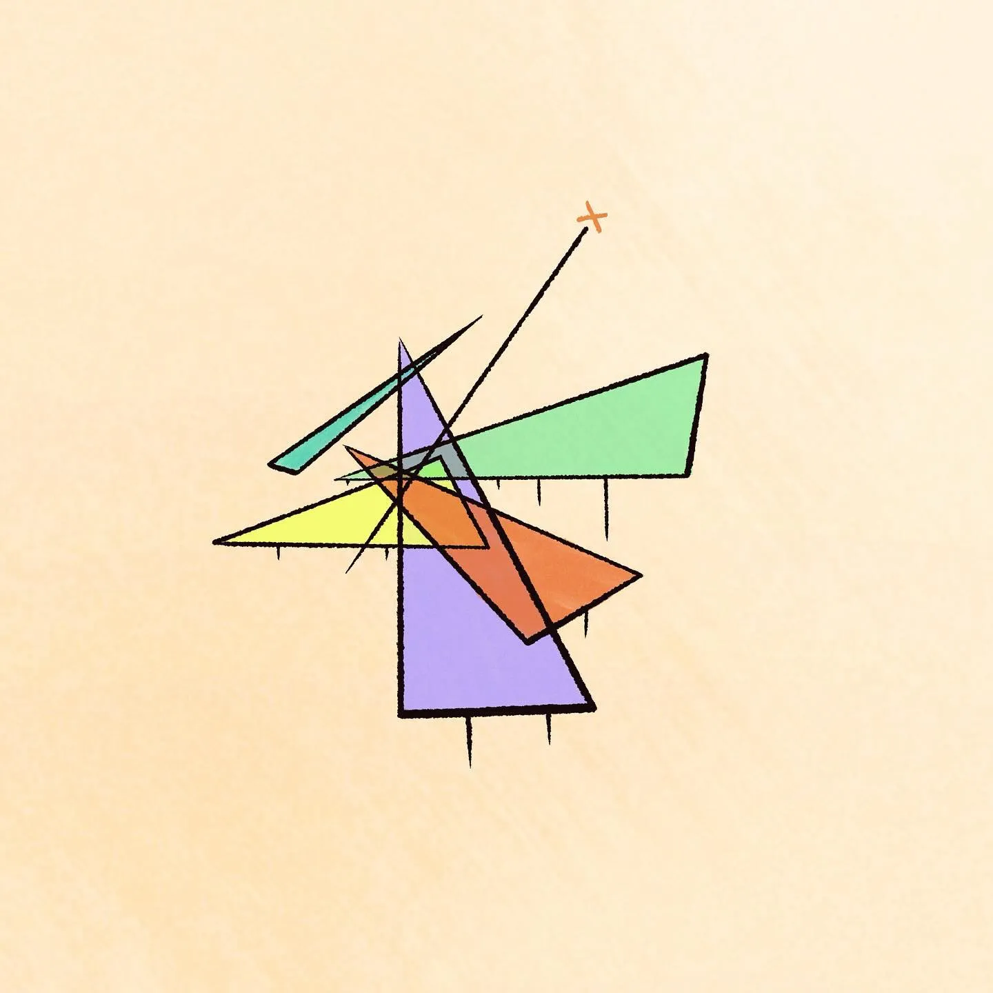 Abstract composition of interlocking geometric shapes in teal, lime green, purple, orange, and yellow, outlined in black, featuring several small X marks.