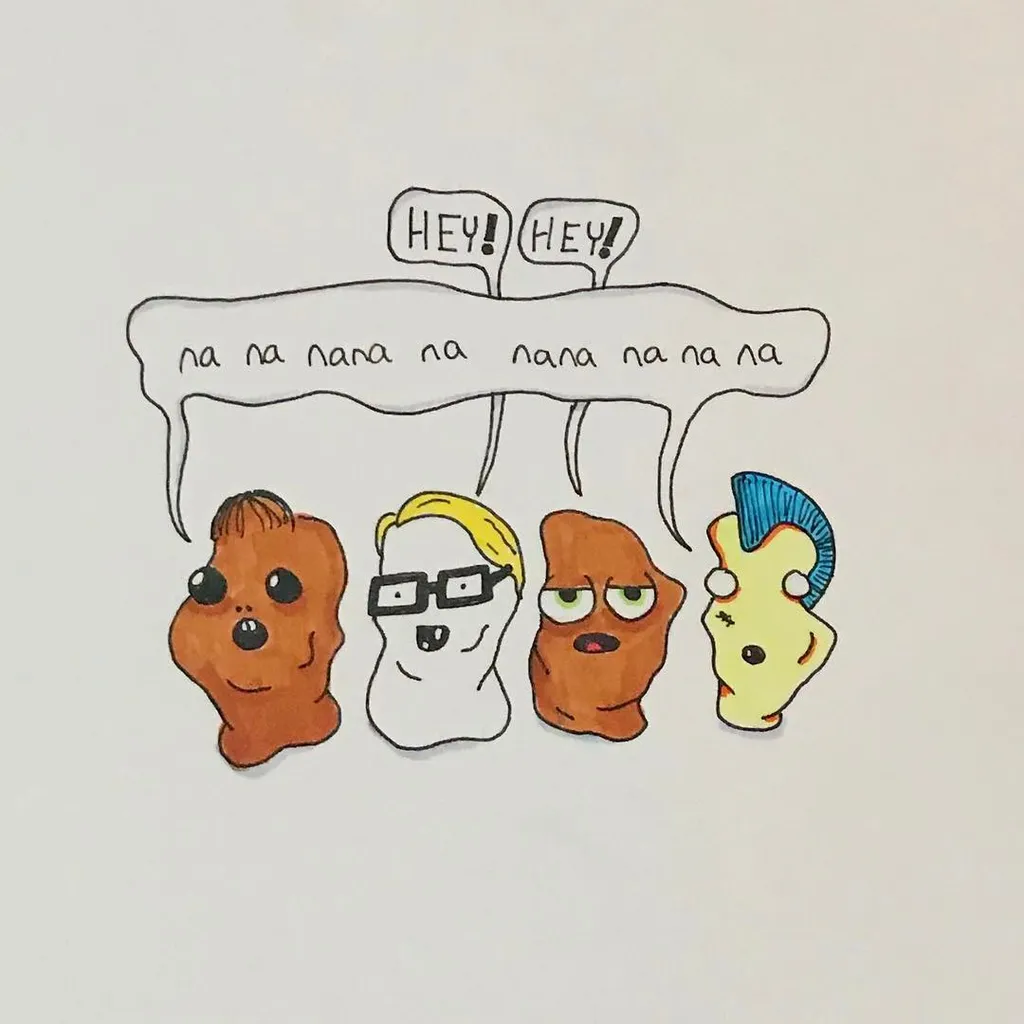 Five cartoon faces, colored brown, white, and yellow, are drawn in a row beneath speech bubbles containing the repeated text HEY! and na na na na na.