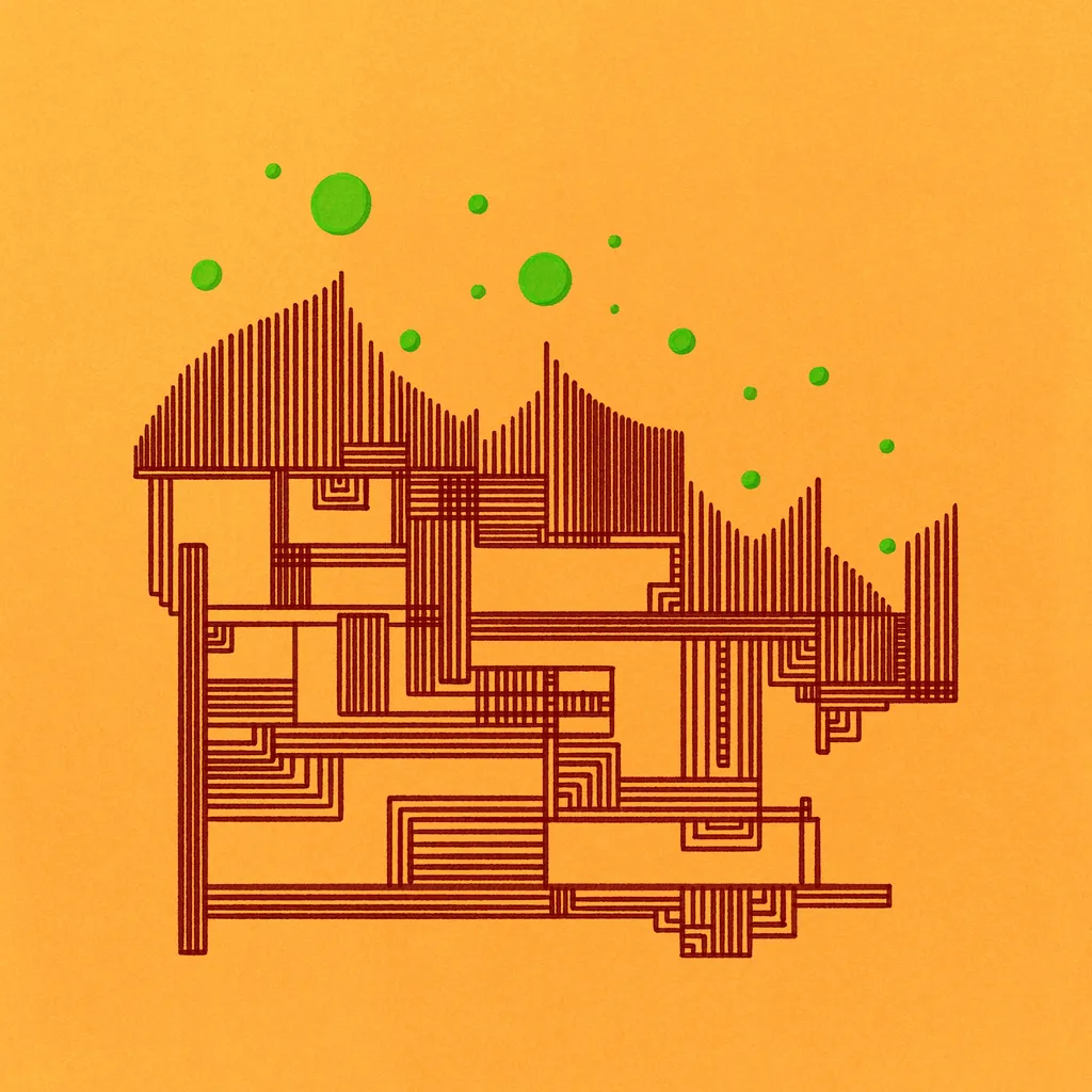 Abstract, striped architectural forms in reddish-brown lines dominate the center against a warm orange background, accompanied by scattered bright green circles.