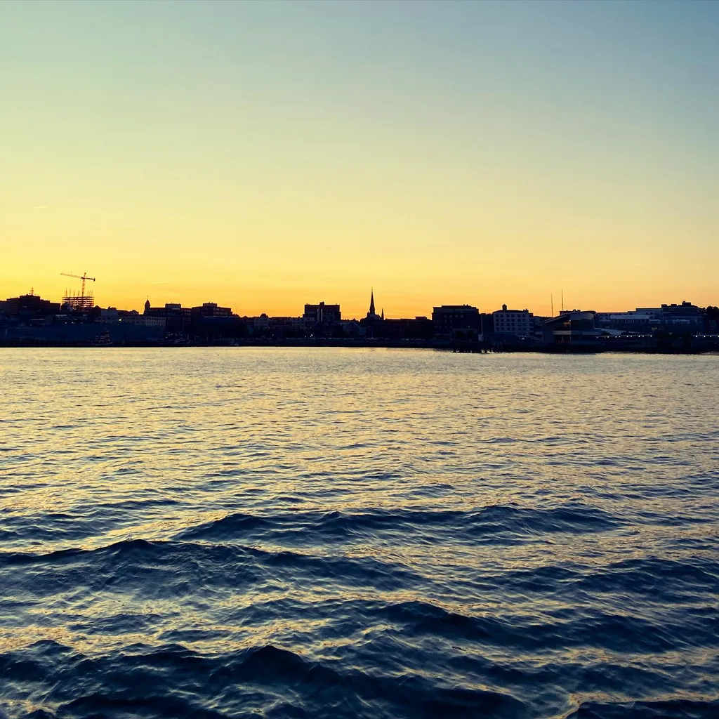 Rippling dark blue water dominates the foreground, meeting a pale yellow and blue sky above a distant, dark silhouette of a city skyline on the horizon.