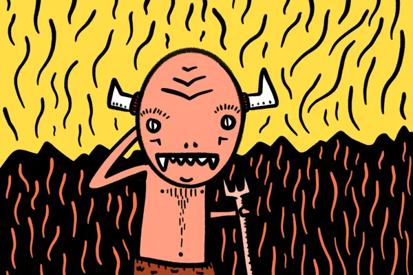 A stylized, pink figure with small horns and sharp teeth holds a pitchfork, standing between a wavy black and orange foreground and a wavy yellow background.