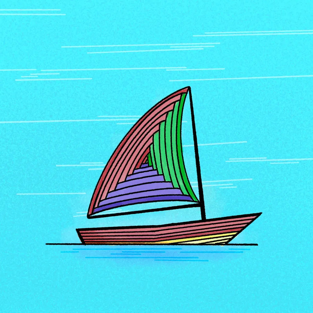 A graphic depiction of a sailboat with colorful, striped sails and a brown hull, set against a bright turquoise background with faint horizontal lines.