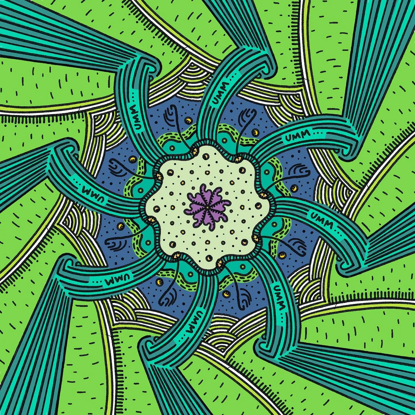 Symmetrical abstract composition in lime green and teal features a speckled central motif surrounded by eight radiating, curved segments marked with lines and the repeated text UMM...