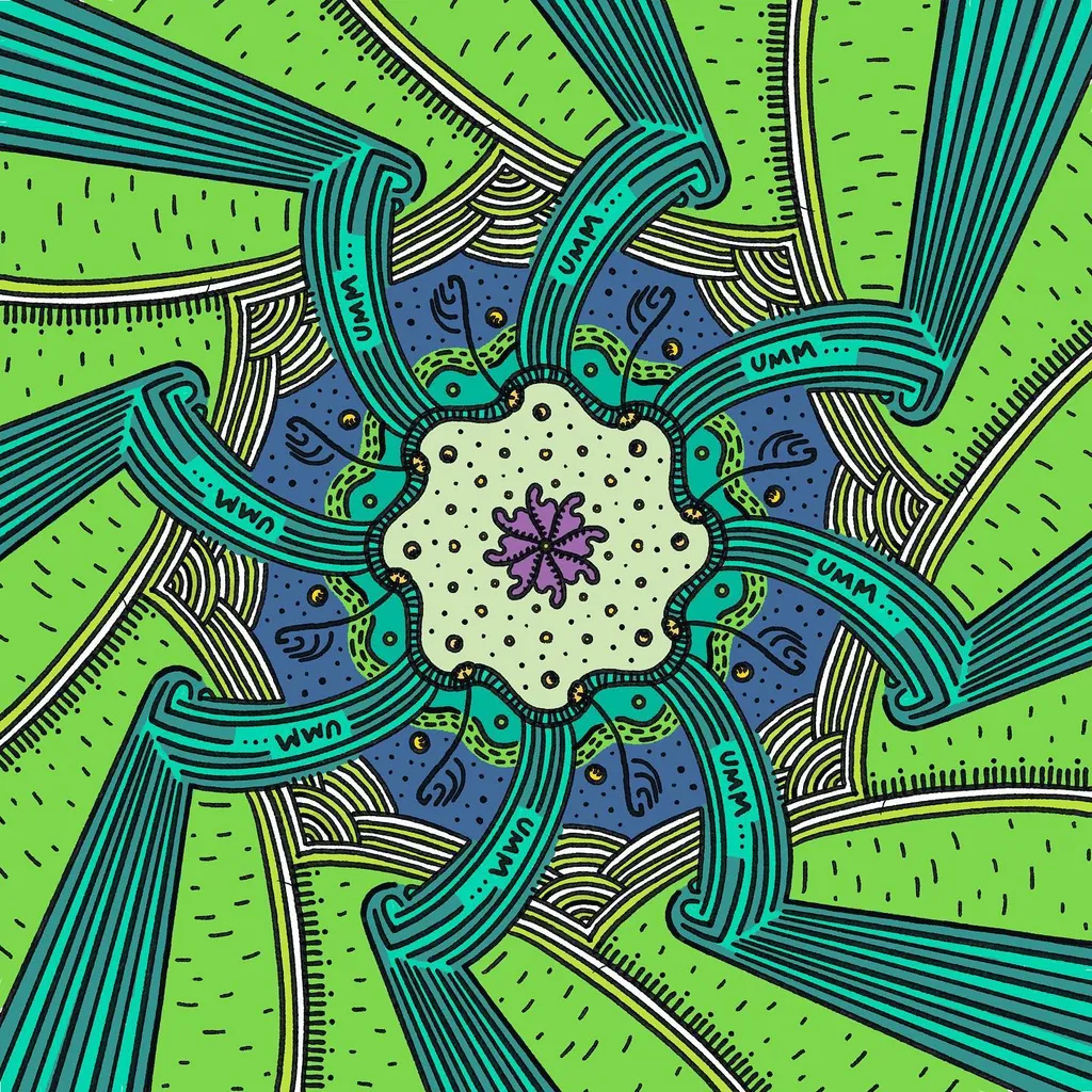 Symmetrical abstract composition in lime green and teal features a speckled central motif surrounded by eight radiating, curved segments marked with lines and the repeated text UMM...