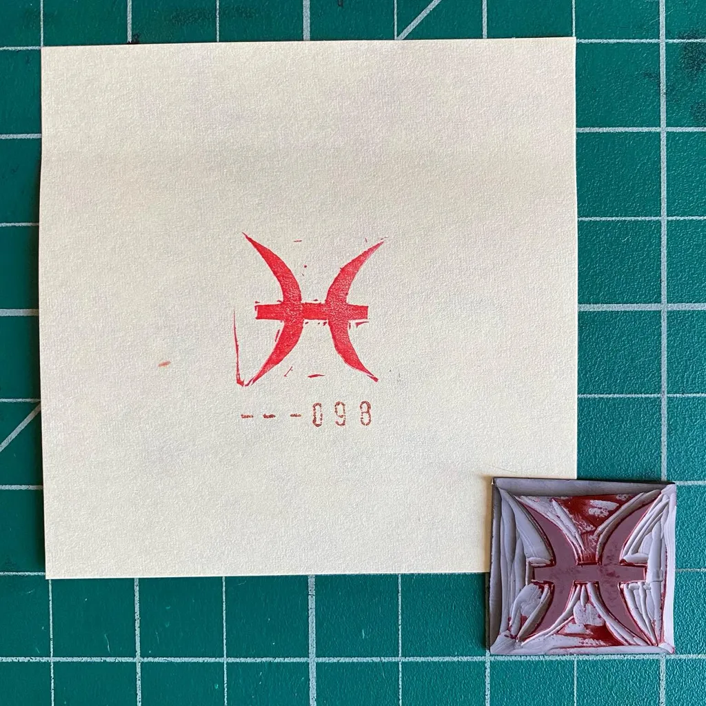 On a cream background, a red stylized symbol and the markings —098 are displayed, alongside two small, textured squares featuring red and white cross designs, all set on a teal grid.
