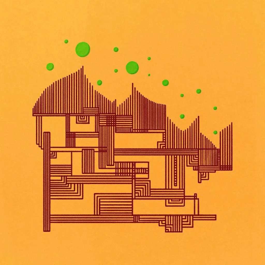 Abstract architectural forms, drawn with dense reddish-brown lines, fill the lower half of a warm orange canvas, punctuated by scattered bright green circles.