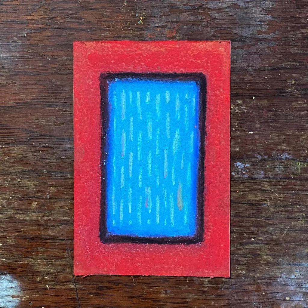 A rectangular artwork featuring a textured red outer frame surrounding a bright blue inner rectangle, with both sections defined by thick black outlines.