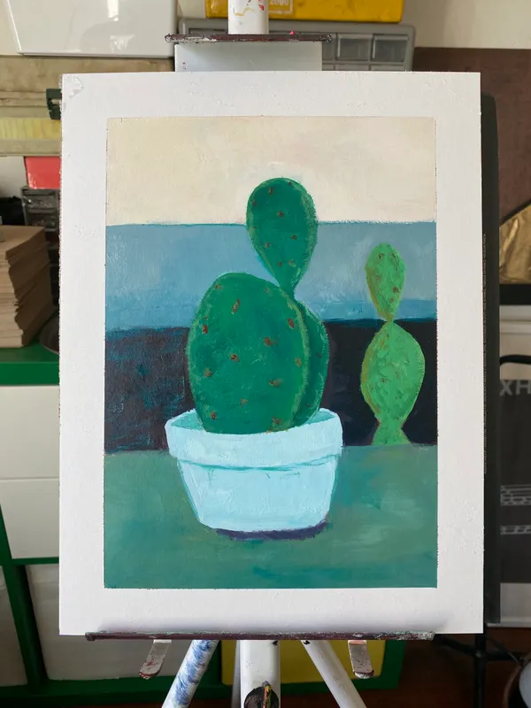 Three green cacti are painted in a light blue bowl against a background composed of horizontal bands of blue and dark blue, resting on a teal foreground.