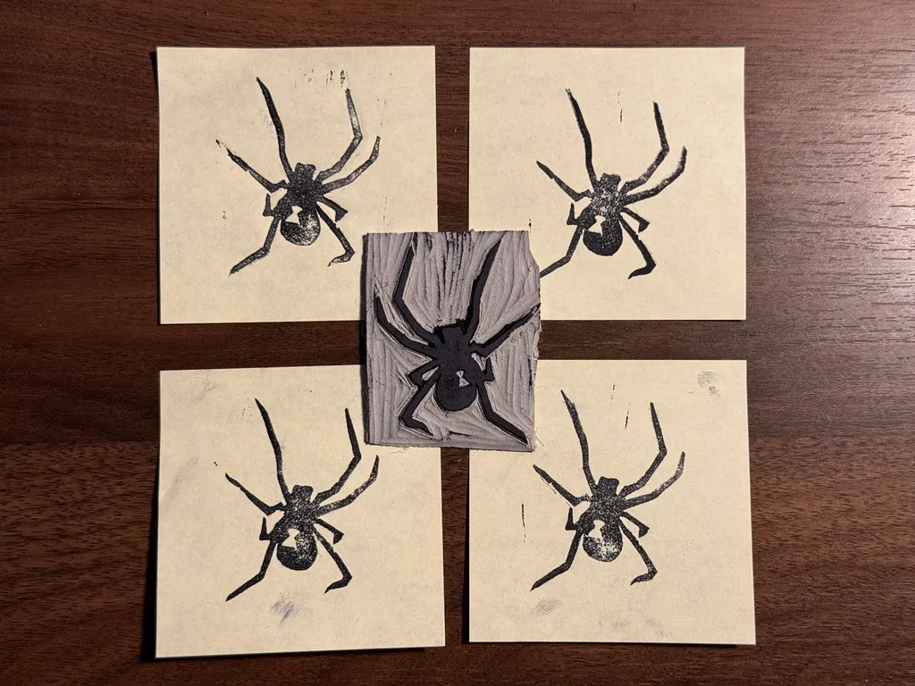 A collection of seven black line drawings of spiders are displayed on light paper, centered around one larger drawing on textured gray paper.