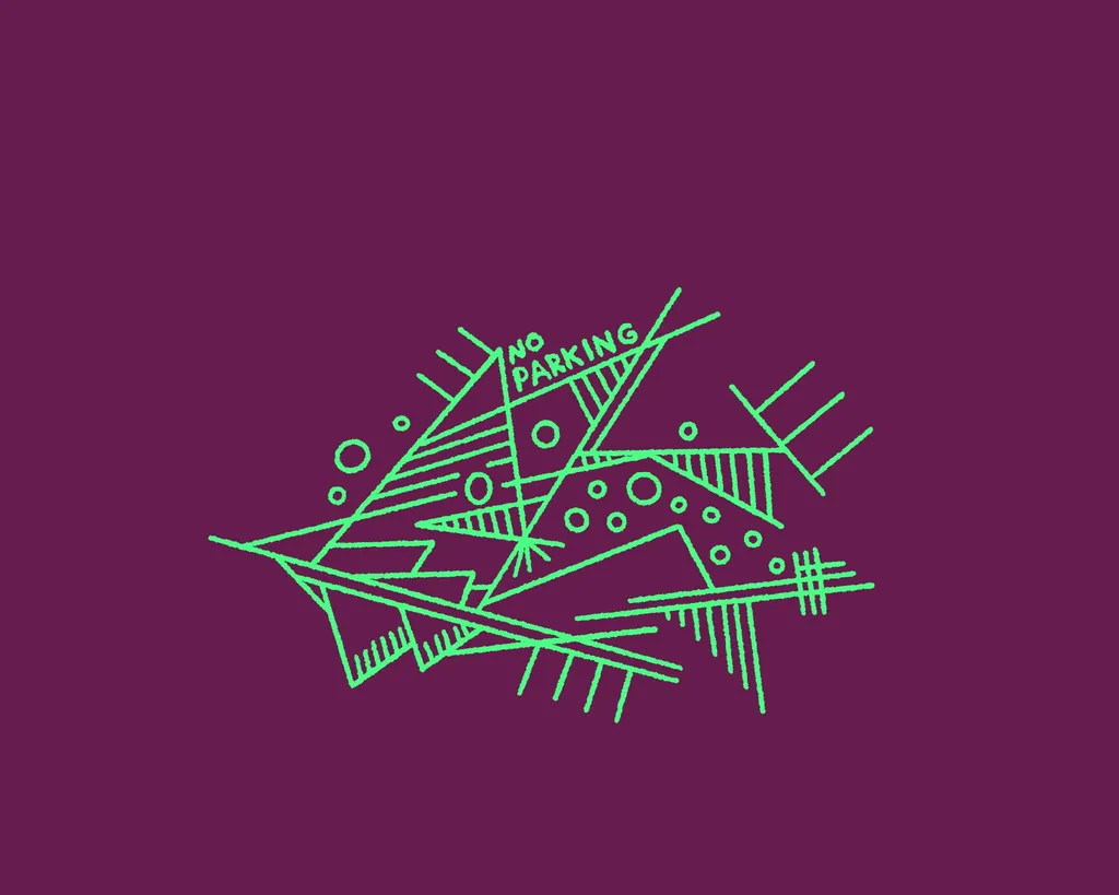 Bright neon green line work on a maroon background depicts an abstract, angular composition of geometric shapes, including circles, triangles, and the text NO PARKING.