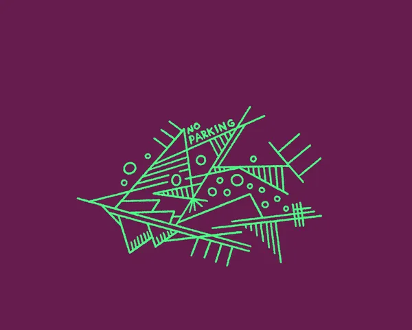 Bright neon green line work on a maroon background depicts an abstract, angular composition of geometric shapes, including circles, triangles, and the text NO PARKING.