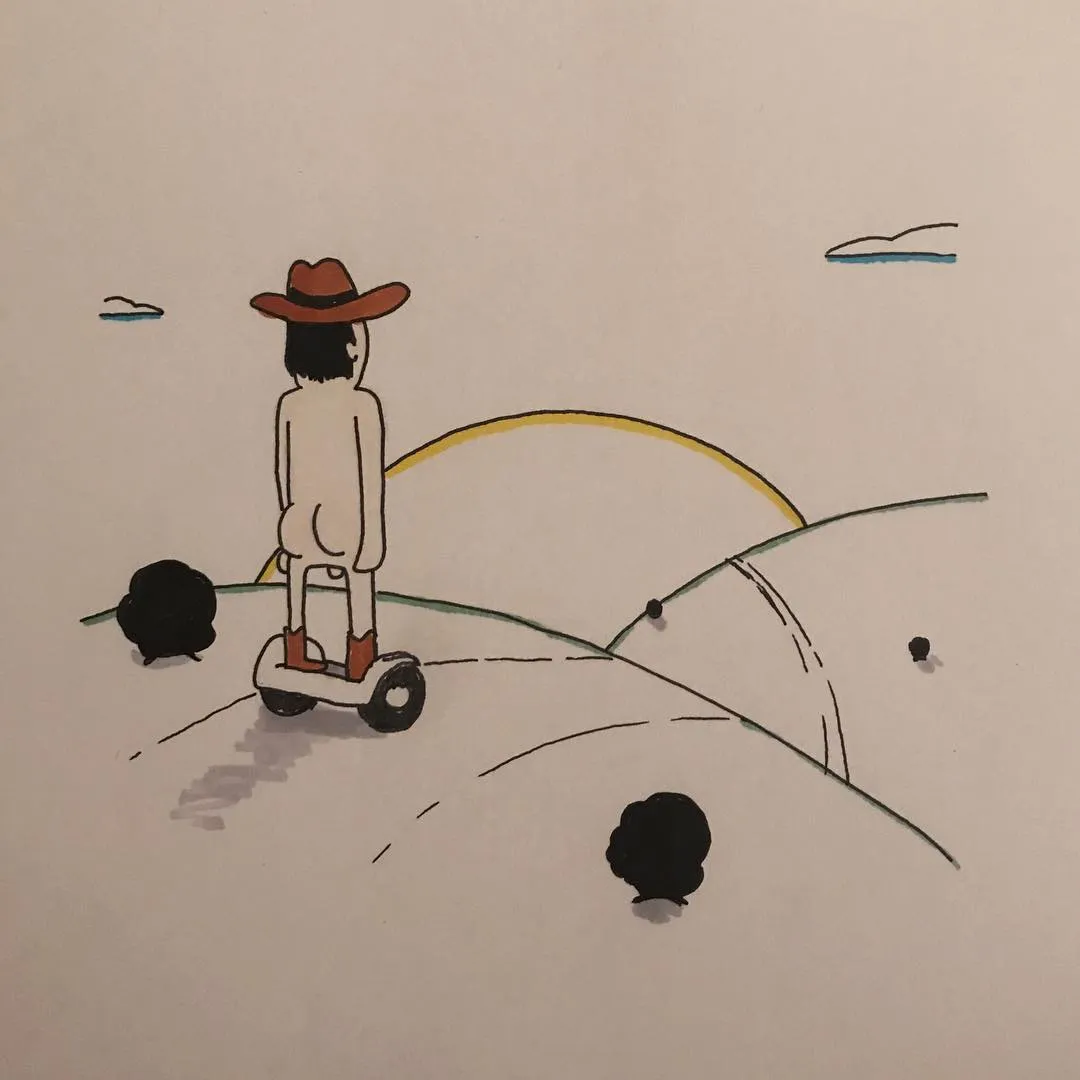 A stylized figure wearing a hat stands on a scooter, facing a large yellow sun over rolling hills, with several dark, rounded shapes scattered across the foreground.