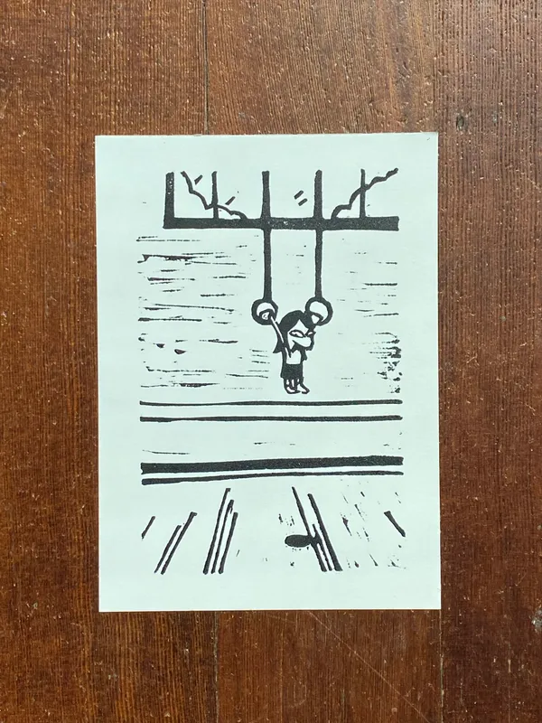 A simple black ink drawing depicts a stick figure hanging from a swing suspended by ropes, set against a textured background of horizontal lines and geometric marks.