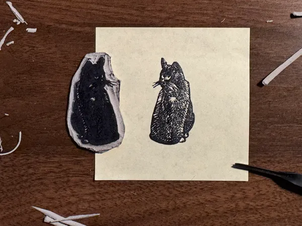 A light square paper on dark wood features a detailed black ink drawing of a small animal next to a dark, irregular, organic-shaped object with visible white edges.