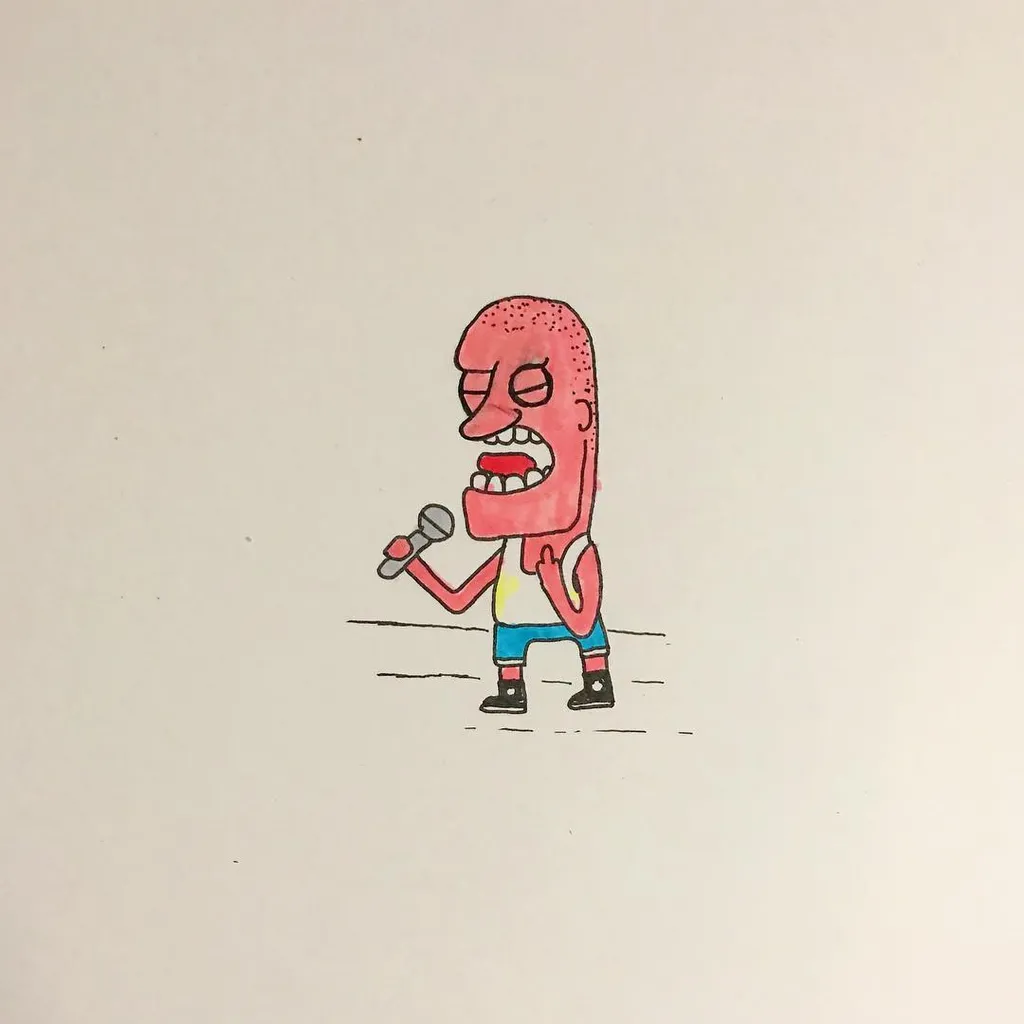 A cartoon figure with reddish skin, yellow shirt, and blue pants, stands holding a microphone and has a wide-open mouth as if singing or shouting.